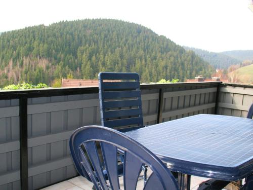 ヴィルデマンにあるMesmerizing Apartment in Wildemann Germany with Gardenの山の景色を望むバルコニー(青いテーブル、椅子付)