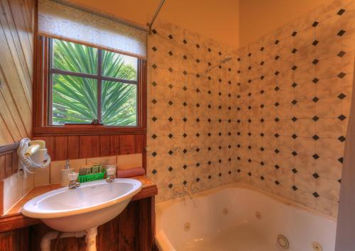 ein Badezimmer mit einem Waschbecken und einer Badewanne in der Unterkunft Stanley Lakeside Spa Cabins in Stanley