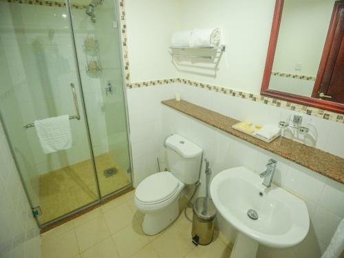 a bathroom with a toilet and a sink and a shower at Raphael's Hotel in Pemba