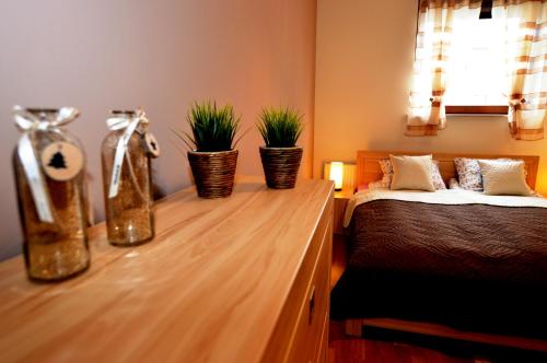 a bedroom with two beds and three plants on a wooden counter at Apartament Czternastka in Świnoujście