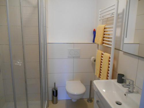 uma casa de banho com um chuveiro, um WC e um lavatório. em Apartment Aagje 002 em Winterberg