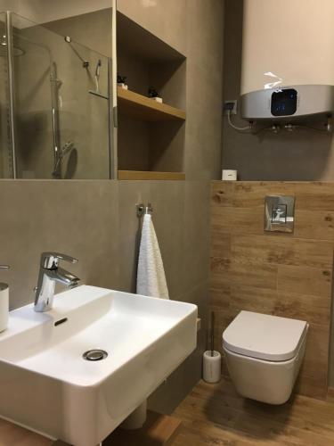 ザコパネにあるApartament Perla Zakopaneのバスルーム(白い洗面台、トイレ付)
