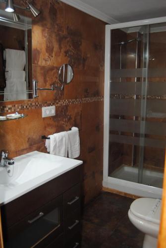 a bathroom with a sink and a shower at La Casona de Jovellanos in Gijón