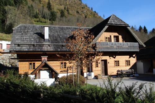 a large wooden house with a black roof at Ferienhaus Anna in Donnersbachwald