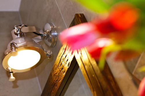 a light on a mirror with a pink flower at Penzion BERG in Bratislava