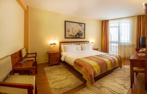 スラニク・モルドバにあるHotel Nemiraのベッドと窓が備わるホテルルーム