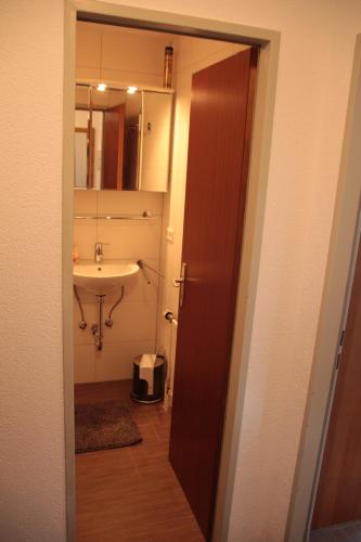 a bathroom with a sink and a mirror at Ferienappartement mit Schwimmbad und Alpenblick in Höchenschwand