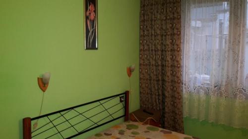 a green bedroom with a bed and a window at Dom Lidiya in Pomorie