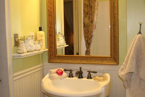 uma casa de banho com um lavatório e um espelho em Fallen Tree Farm Bed and Breakfast em Carlisle