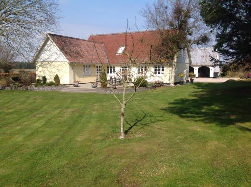 a tree in a yard in front of a house at Klitgaards Holiday Apartment in Mejeriby