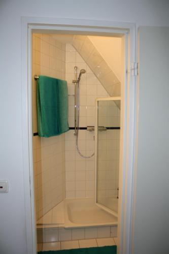ein Bad mit einer Dusche und einem grünen Handtuch in der Unterkunft Reethus Stöfs in Behrensdorf