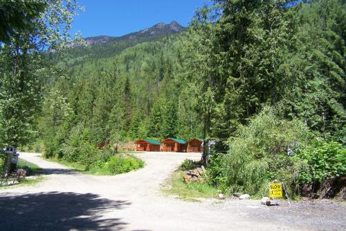 a dirt road with a couple of cabins in a forest at Noah's Ark Campground in Revelstoke