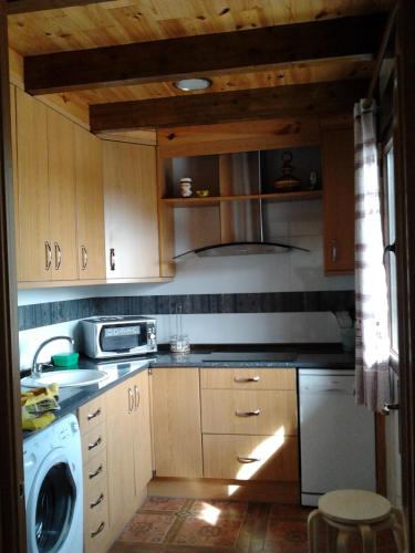 a kitchen with wooden cabinets and a washer and dryer at Los Aladros in La Puebla de Valverde