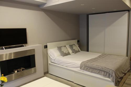 a bedroom with a bed and a flat screen tv at Vielha III in Vielha