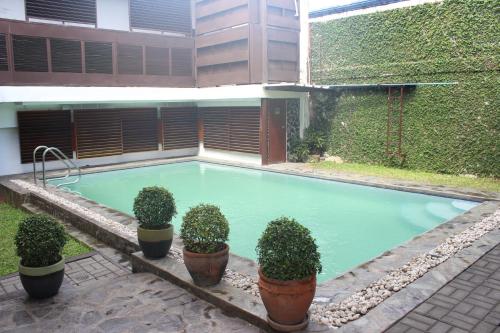 een zwembad met potplanten naast een gebouw bij Purple Tree Bed & Breakfast in Manilla