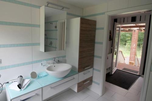 a bathroom with a sink and a mirror at Ferienwohnung Huus ton witten Barg in Undeloh