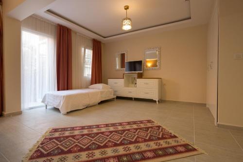 a bedroom with a bed and a television and a rug at Enda Boutique Hotel Kalkan in Kalkan