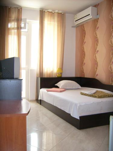 a bedroom with a bed and a television in it at Hotel Pasians in Pomorie
