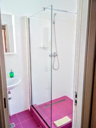 a bathroom with a glass shower with pink tiles at Central Guesthouse in Bucharest