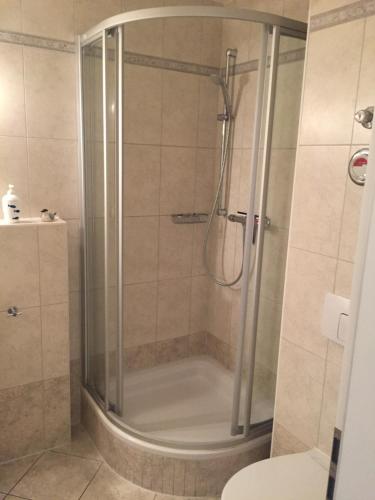 a shower with a glass door in a bathroom at Miramare Wohnung 24 in Kühlungsborn