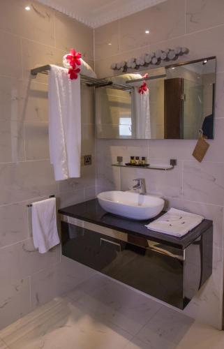 a bathroom with a sink and a mirror at Red Mango Hotel and Apartments in Takoradi