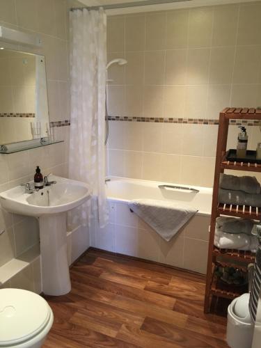 uma casa de banho com um lavatório, um WC e uma banheira em Allerton House em Jedburgh