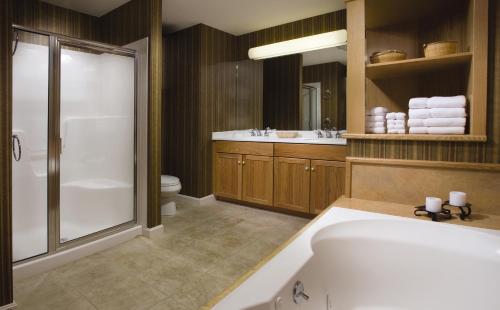a bathroom with a tub and a shower and a toilet at Wyndham Smugglers Notch in Jeffersonville