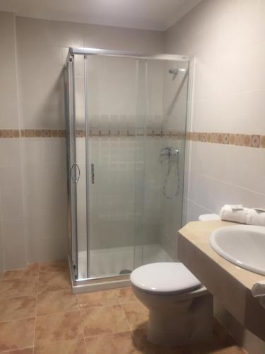 ein Bad mit einer Dusche, einem WC und einem Waschbecken in der Unterkunft Pensión Cangas de Onis in Siero