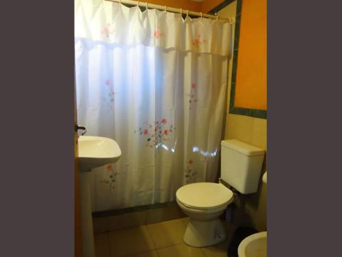 a bathroom with a toilet and a sink and a shower curtain at Alma Mora in Merlo