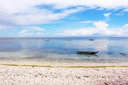 a boat sitting in the water on a beach at Luna Oslob Travellers Inn in Oslob