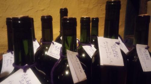 a group of wine bottles with signs on them at Chakana Hospedaje Rural in Villa Unión
