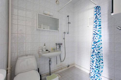 uma casa de banho com um WC, um lavatório e um chuveiro em Seaside Downtown Apartment em Helsinque