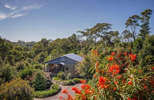 a house in the middle of a garden with red flowers at Spicers Tamarind Retreat in Maleny