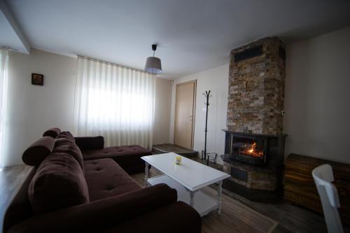 a living room with a couch and a fireplace at The Green Apartments in Magarevo