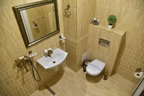 スヴィレングラッドにあるHesteya Hotelのバスルーム(洗面台、トイレ、鏡付)