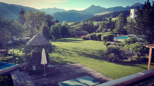 an aerial view of a garden with a swimming pool at Landhotel Gasthof Zum Löwen in Rodengo
