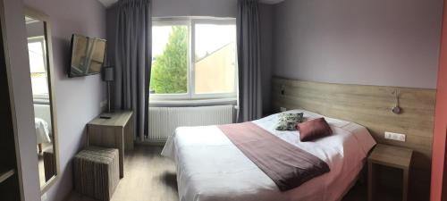 ein Hotelzimmer mit einem Bett und einem Fenster in der Unterkunft L'Hôtel des Bords de L'ill in Erstein