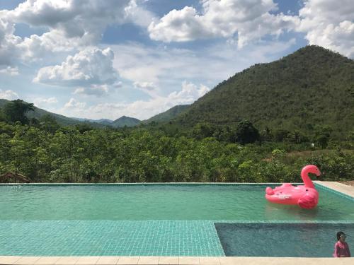 孫蓬的住宿－海森度假酒店，水中一个粉红色天鹅的游泳池