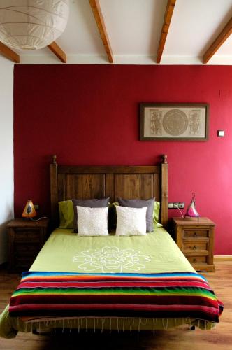a bedroom with a green bed with a red wall at Casa Lugaré in Ayerbe