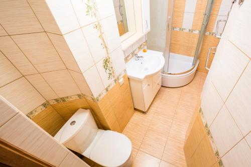 ein Bad mit einem WC und einem Waschbecken in der Unterkunft Rynok Square 5 зі світлом! in Lwiw