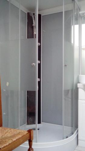 um chuveiro com uma porta de vidro na casa de banho em Gîte de Blessy em Blessy