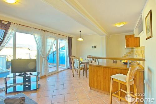 a kitchen with a television and a table with chairs at Apartments Salvore in Crveni Vrh