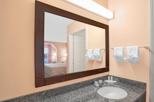 a bathroom with a sink and a large mirror at Days Inn by Wyndham Moulton in Moulton