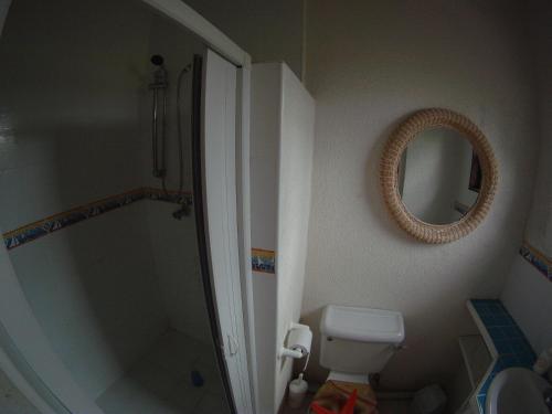 a bathroom with a shower and a toilet and a mirror at Yellow Bird Apartment in Christ Church