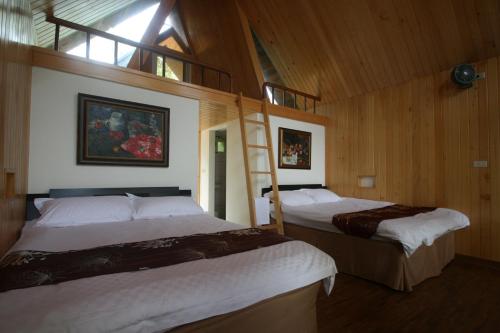 大同的住宿－玉蘭山徑小木屋，一间卧室设有两张床和梯子