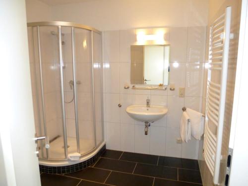 a bathroom with a shower and a sink at Schloss Hotel Wallhausen in Wallhausen