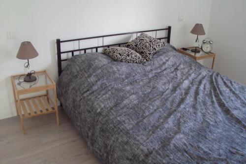 a bed in a bedroom with two lamps and two tables at Jules place in Wakken