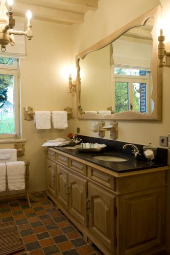 a bathroom with a sink and a mirror at B&B Hof te Spieringen in Vollezele