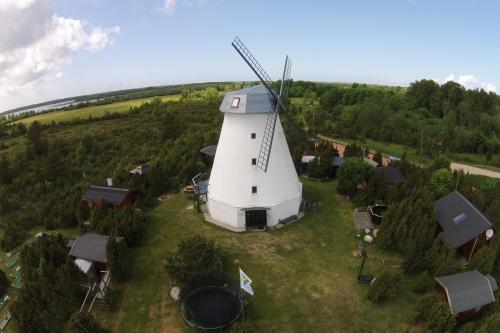 an aerial view of a windmill in a field at Pivarootsi Holiday Village in Pivarootsi