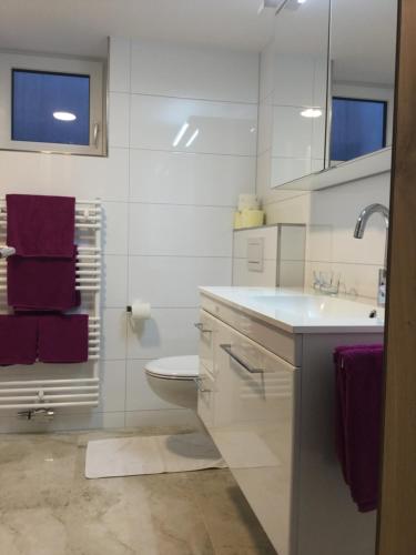 Baño blanco con lavabo y aseo en Apartment Nest, en Sibratsgfäll